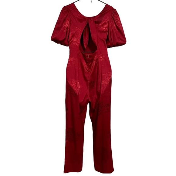 NWT Lulus Time After Time Jumpsuit Women's Size S Deep Red Jacquard Puff Sleeve - Picture 3 of 9
